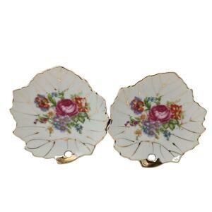 Vintage Nasco Leaf‎ Shaped Plates Floral Bouquet Gold Trim Set of Two 1970s